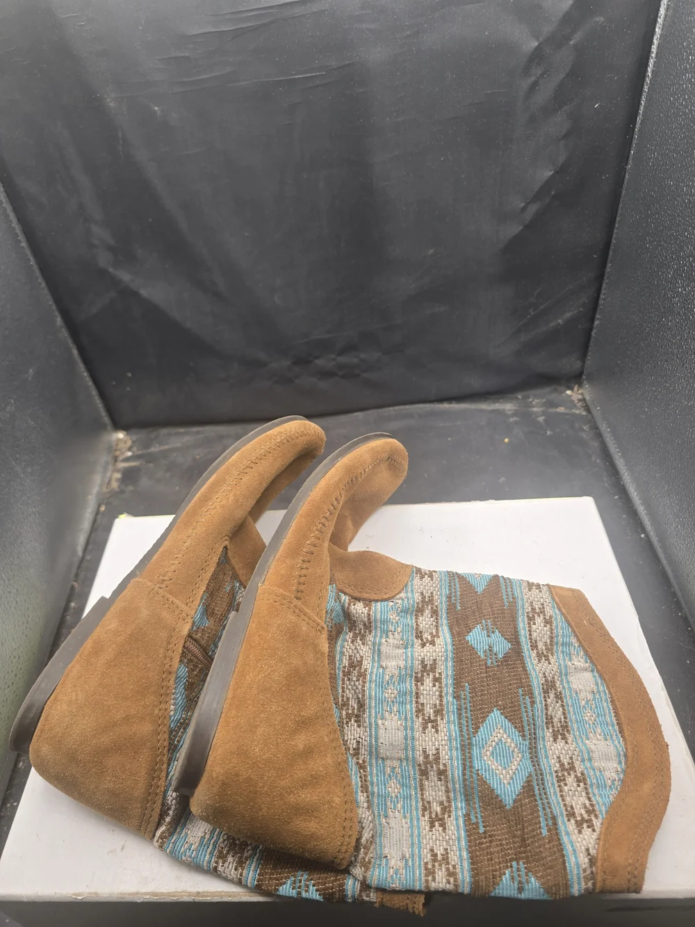Minnetonka‎ Brown Suede Ankle Boots with Teal Geometric Accent